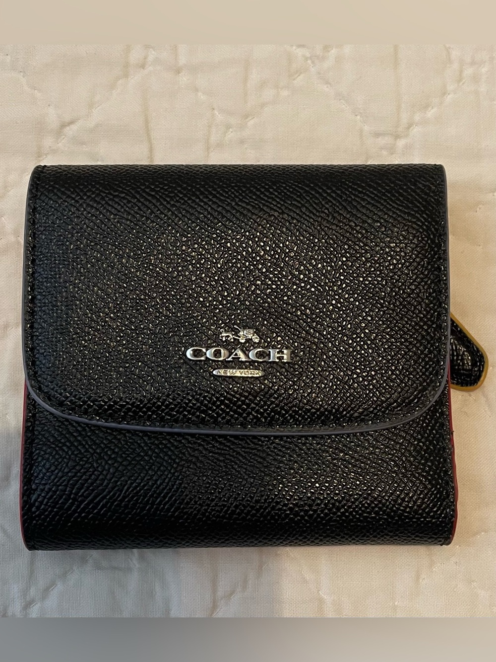 COACH Black Saffiano Leather Compact Wallet with Silver Logo